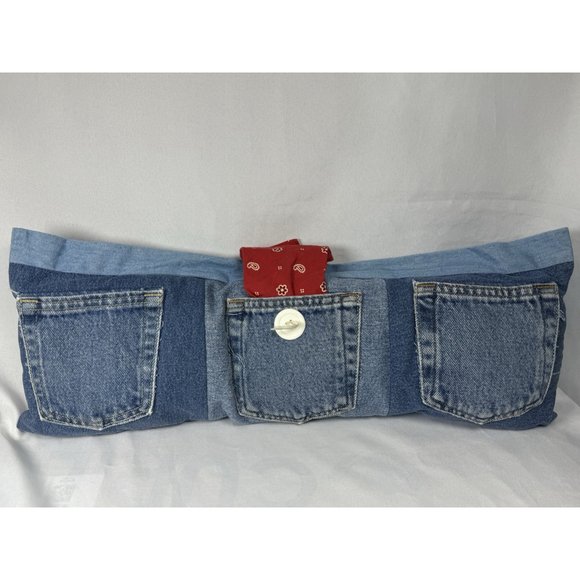 Denim Jeans Transformed into Long Rectangle Pillow Recycled Denim Red Bandana - Picture 1 of 8